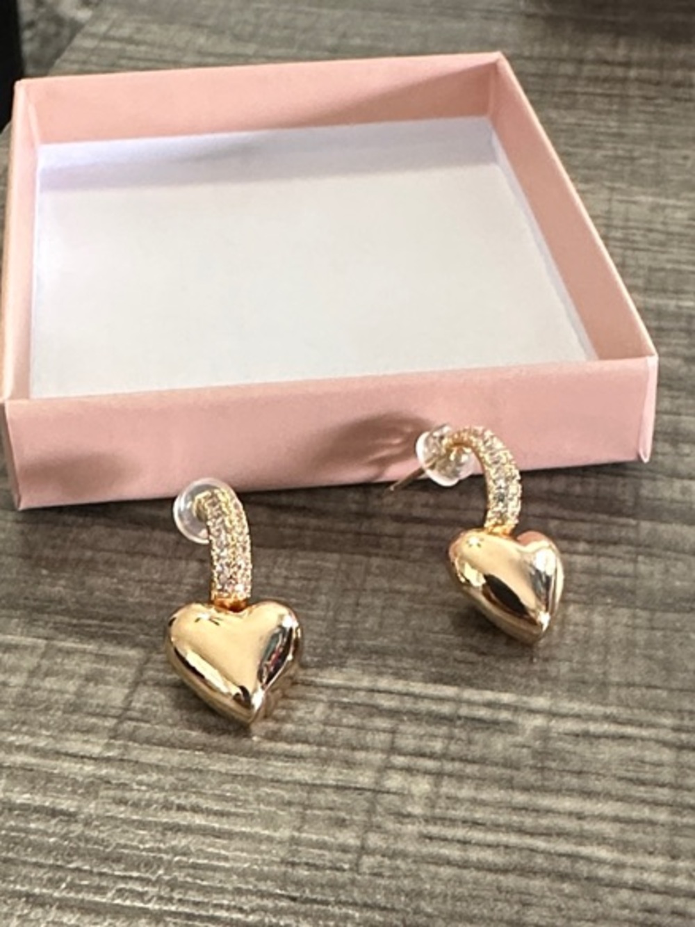 Gold Heart Drop Earrings with Pave Crystal Arches